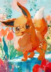  :d commentary_request day eevee flower glasses happy highres looking_at_viewer nagakura_(seven_walkers) no_humans open_mouth orange_flower outdoors pokemon pokemon_(creature) smile solo standing 