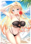  1girl absurdres ahoge alternate_costume azur_lane beach bikini black_bikini blonde_hair breasts cowboy_shot highres howe_(azur_lane) large_breasts long_hair looking_at_viewer multi-strapped_bikini_bottom swimsuit tsuri_pi 