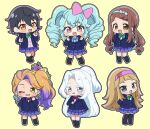  6+girls :d \m/ arm_behind_back arms_behind_back black_hair black_socks black_thighhighs blazer blonde_hair blue_bow blue_bowtie blue_eyes blue_hair blue_jacket blue_skirt blunt_bangs bow bowtie brown_eyes brown_hair cardigan chibi chii_(chi_pppuri) commentary_request cosplay double_\m/ dress_shirt ehime_nao eyeshadow full_body gozen_sadako green_bow green_bowtie hair_bow hairband hand_up hands_up headband highres idol_land_pripara iida_riho jacket katasumi_amari kiratto_pri_chan kurokawa_suzu kusuda_aina long_hair long_sleeves looking_at_viewer love_live! love_live!_school_idol_project makeup mimori_suzuko miniskirt multiple_girls nanjou_yoshino nico_nico_nii one_eye_closed open_mouth orange_hair otonokizaka_school_uniform pink_bow pink_cardigan pink_eyes pink_eyeshadow pink_headband plaid plaid_skirt pleated_skirt pretty_series pripara purple_hair red_bow red_bowtie school_uniform shiratori_anju shirt shoes short_hair side_ponytail simple_background skirt smile socks standing star_sticker striped_bow striped_bowtie striped_clothes thighhighs tokui_sora twintails uchida_aya very_long_hair voice_actor_connection waccha_primagi! white_hair white_shirt winter_uniform yayoi_hina yayoi_hina_(primagista) yellow_background 