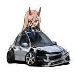 1girl absurdres black_necktie blue_jacket blush car chainsaw_man collared_shirt damaged english_commentary fang hair_between_eyes highres holeecrab horns jacket long_hair looking_at_viewer motor_vehicle necktie nissan nissan_altima open_mouth orange_eyes power_(chainsaw_man) shirt simple_background skin_fang smile solo vehicle_focus white_background white_shirt 