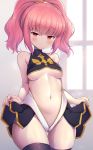  1girl anya_alstreim ass_visible_through_thighs bare_shoulders blush breasts center_opening code_geass cowboy_shot eyebrows_visible_through_hair highres lifted_by_self looking_at_viewer medium_breasts pink_hair red_eyes solo tatuyayosi thighhighs turtleneck underboob 