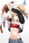  1girl animal aqua_eyes bandeau black_choker blonde_hair breasts cat choker cleavage cleavage_cutout clothing_cutout commentary_request cropped_jacket fate/apocrypha fate_(series) gem gradient_background grey_background grin highres holding holding_animal holding_cat jacket long_hair midriff mordred_(fate) mordred_(fate/apocrypha) navel open_clothes open_jacket ponytail sidelocks small_breasts smile solo stomach strapless tonee tube_top upper_body white_background 