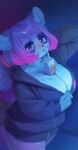 2024 anthro aruurara bangs beverage_between_breasts beverage_carton big_breasts blush breasts canid canine cleavage clothed clothing ear_piercing ear_ring female fur hi_res highlights_(coloring) hoodie inner_ear_fluff kemono liquid looking_at_viewer mammal multicolored_body multicolored_fur piercing pink_highlights purple_body purple_eyes purple_fur raccoon_dog ring_piercing satori_(aruurara) side_bangs signature solo tanuki topwear tuft white_body white_fur