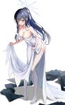  1girl bare_arms bare_shoulders black_hair blue_archive blue_hair bow breasts caba_(caba091) choker cleavage clothes_lift dress dress_lift frown full_body grey_eyes hair_bow halo high_heels highres large_breasts leaning_forward lifted_by_self long_dress long_hair looking_at_viewer multicolored_hair open_mouth ponytail saori_(blue_archive) saori_(dress)_(blue_archive) shadow side_slit solo standing strapless strapless_dress thighhighs two-tone_hair v-shaped_eyebrows very_long_hair white_choker white_dress white_footwear white_thighhighs 