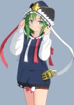  1girl adjusting_clothes adjusting_headwear alternate_costume bare_legs black_headwear blue_background blue_eyes blue_headwear blue_hoodie cowboy_shot frilled_hat frills green_hair hand_on_headwear hat highres hood hoodie long_sleeves mizune_(winter) puffy_sleeves red_ribbon ribbon rod_of_remorse shiki_eiki simple_background solo touhou white_ribbon white_sleeves 