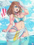  ! !! 1girl angry artbenbeau bare_arms bikini blue_bikini blue_eyes blue_sky blush breasts brown_hair choker cleavage cloud curvy day english_commentary eunie_(xenoblade) feathered_wings head_wings highres large_breasts medium_hair navel one_eye_closed outdoors partially_submerged sarong sky solo standing swimsuit teeth thick_thighs thigh_strap thighs upper_teeth_only white_choker white_sarong wide_hips wings xenoblade_chronicles_(series) xenoblade_chronicles_1 xenoblade_chronicles_3 
