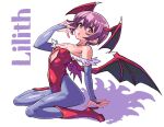  1girl :o arched_back badluck2033 blue_pantyhose brown_eyes center_opening character_name demon_girl demon_wings different_shadow flat_chest head_wings high_heels highleg highleg_leotard leotard lilith_aensland looking_at_viewer pantyhose purple_hair red_footwear red_leotard short_hair sitting solo strapless strapless_leotard vampire_(game) wariza wings 