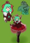  1girl absurdres black_footwear commentary_request dress english_commentary front_ponytail green_background green_hair hair_ribbon highres kagiyama_hina medium_hair mixed-language_commentary multiple_views portuguese_commentary red_ribbon ribbon sapiens simple_background touhou 