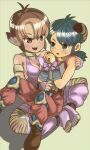  1boy 1girl animal_ears breasts breath_of_fire breath_of_fire_ii cat_ears cat_tail facial_mark foot_out_of_frame gloves green_eyes highres open_mouth orange_hair pointy_ears rinpoo_chuan ryuu_(breath_of_fire_ii) shadow short_hair sicky_(pit-bull) simple_background smile tail white_background 