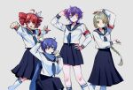  4girls ahoge android arm_over_head arm_up atarashii_gakkou_no_leaders black_sailor_collar black_skirt blonde_hair blue_eyes blue_hair blue_neckerchief blunt_bangs blush braid braided_ponytail breasts chis-a clenched_hand closed_mouth colored_inner_hair cosplay drill_hair earpiece facial_mark fang genderswap genderswap_(mtf) green_eyes grey_hair hair_between_eyes hand_on_own_head hand_on_own_hip hand_up highres joints kaiko kaito_(vocaloid) kasane_teto kasane_teto_(sv) kirune_(voisona) kneehighs kneeling large_breasts long_hair long_skirt long_sleeves looking_at_viewer medium_hair multicolored_hair multiple_girls neckerchief nikorupurumie open_mouth orange_hair otonablue outstretched_arms parody pleated_skirt purple_hair purple_nails red_eyes red_hair robot_joints safety_pin sailor_collar school_uniform serafuku serious shirt short_hair simple_background skin_fang skirt smile smirk socks spread_arms standing streaked_hair synthesizer_v twin_drills utau v-shaped_eyebrows vocaloid voisona white_background white_shirt yellow_eyes 