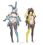  2girls alternate_costume animal_ears aqua_footwear artist_name asymmetrical_footwear between_breasts black_gloves black_hair black_pantyhose black_shrug boots breast_curtains breasts commentary fake_animal_ears floppy_ears forehead_protector full_body fur_trim gloves grey_hair high_heels high_ponytail highres ji_chenxing large_breasts looking_at_viewer medium_breasts meme_attire multiple_girls navel pantyhose partially_fingerless_gloves pearl_thong pouch purple_eyes rabbit_ears revealing_clothes reverse_bunnysuit reverse_outfit simple_background single_thigh_boot siris_(snowbreak) snowbreak:_containment_zone standing stirrup_legwear stmast thigh_boots toeless_legwear twitter_username underwear v-shaped_eyebrows w white_background white_fur yellow_footwear 