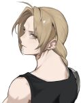  1boy ahoge black_tank_top blonde_hair braid cbow closed_mouth edward_elric fullmetal_alchemist highres long_hair looking_at_viewer looking_back male_focus prosthesis prosthetic_arm simple_background solo tank_top upper_body white_background yellow_eyes 