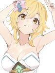  1girl armpits arms_up blonde_hair blush breasts cleavage commentary_request dress flower genshin_impact hair_flower hair_ornament highres large_breasts looking_at_viewer lumine_(genshin_impact) short_hair_with_long_locks simple_background smile solo ukitaryu upper_body v white_background white_dress yellow_eyes 
