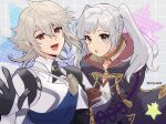  1boy 1girl :o arm_hug armor black_robe blush brown_eyes brown_gloves commentary_request corrin_(fire_emblem) corrin_(male)_(fire_emblem) fangs fire_emblem fire_emblem_awakening fire_emblem_fates fire_emblem_heroes gloves grey_hair hair_between_eyes highres hood hood_down hooded_robe kiriya_(552260) long_hair looking_at_viewer open_mouth partial_commentary red_eyes robe robin_(female)_(fire_emblem) robin_(fire_emblem) short_hair smile super_smash_bros. twintails twitter_username white_hair 