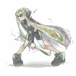  1girl agent_3_(splatoon) bike_shorts black_shirt cape full_body green_hair grey_cape headgear high-visibility_vest inkling inkling_girl inkling_player_character legs_apart long_hair long_sleeves pigeon-toed red_eyes shirt simple_background solo splatoon_(series) splatoon_2 splatoon_2:_octo_expansion standing tentacle_hair thenintlichen96 very_long_hair vest white_background 