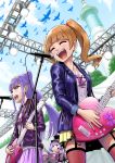  3girls :d aisaki_emiru bangs bird black_headwear blue_jacket blunt_bangs bracelet brown_hair day floating_hair from_below garter_straps guitar hair_bun hairband hat highres holding holding_instrument hugtto!_precure instrument itou_shin&#039;ichi jacket jewelry long_hair long_sleeves microphone_stand miniskirt multiple_girls music nail_polish open_clothes open_jacket open_mouth outdoors pink_skirt playing_instrument pleated_skirt ponytail precure print_shirt purple_eyes purple_hair purple_jacket purple_nails red_legwear ruru_amour shiny shiny_hair shirt singing skirt smile standing thighhighs twintails white_shirt yellow_skirt 