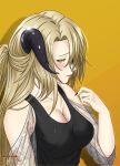  1girl artist_name bare_shoulders black_horns black_nails black_tank_top blonde_hair blush breasts cleavage closed_mouth clothing_cutout collarbone commentary copyright_name crying crying_with_eyes_open dragon_girl english_commentary fingernails glint hair_between_eyes half_updo hand_up highres horns imlyra large_breasts long_fingernails long_hair nail_polish parted_bangs personification raised_eyebrows see-through see-through_sleeves short_sleeves shoulder_cutout sidelocks signature simple_background solo sylvie tank_top tears the_beginning_after_the_end upper_body yellow_background yellow_eyes 
