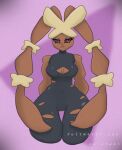 anthro black_sclera breasts camel_toe cleavage clothed clothing ears_down female fullmetaljax fur half-length_portrait lagomorph mammal mega_evolution mega_lopunny muscular nintendo pivoted_ears pokemon pokemon_(species) portrait solo torn_clothing watermark