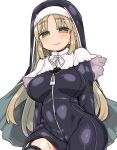  1girl blonde_hair blush bodysuit breasts capelet closed_mouth commentary_request copyright_request green_eyes kanikama large_breasts long_hair looking_at_viewer nun simple_background smile solo thighs white_background white_capelet zipper 