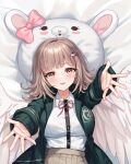  1girl 71150521_(user_agrk2888) :d angel_wings bed_sheet black_jacket black_shirt blush bow breasts brown_hair danganronpa_(series) danganronpa_2:_goodbye_despair feathered_wings galaga hair_ornament highres jacket large_breasts medium_hair nanami_chiaki open_clothes open_jacket outstretched_arms pink_bow pink_eyes shirt shirt_tucked_in smile solo two-tone_shirt usami_(danganronpa) white_shirt wings 