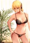  1girl absurdres artoria_pendragon_(all) bangs black_bra black_panties black_ribbon blurry blurry_background bra breasts cleavage collarbone eyebrows_visible_through_hair fate/stay_night fate_(series) hair_between_eyes hair_ribbon hand_on_hip highres huge_filesize medium_breasts multiple_panties nakanishi_tatsuya panties parted_lips ponytail ribbon saber_alter solo underwear underwear_only white_background yellow_eyes 