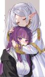  2girls black_coat blunt_bangs blush breasts buttons capelet coat commentary_request cut_bangs dress drop_earrings earrings elf fern_(sousou_no_frieren) frieren grey_hair highres hug jewelry large_breasts long_hair multiple_girls pointy_ears pout purple_eyes purple_hair purple_pupils shuri_(84k) simple_background sousou_no_frieren speech_bubble twintails two-tone_background white_capelet white_dress 