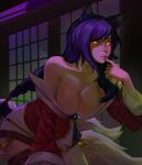  1girl ahri_(league_of_legends) animal_ears artist_name bare_shoulders braid breasts cleavage collarbone facial_mark finger_to_mouth fox_ears fox_tail glowing glowing_eyes highres indoors japanese_clothes kimono league_of_legends long_hair off_shoulder orange_eyes purple_hair shiny_skin skindentation smile solo tail thigh_strap vogel_(itsvogelart) whisker_markings 