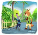  2020 anthro barefoot blush border bottomwear brown_body brown_fur canid canine clothed clothing cloud detailed_background dipstick_ears disney duo eye_contact female fence fox fully_clothed fur gesture green_eyes grey_body grey_fur judy_hopps lagomorph leporid looking_at_another male mammal multicolored_ears necktie nick_wilde nklove3104 outside palm_tree pants pointing purple_eyes rabbit red_fox shirt sky standing topwear tree white_border zootopia 