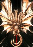  black_background character_name chun_lo dragon dragon_horns dragon_wings emphasis_lines facing_viewer flying giant giant_monster godzilla_(series) highres horns kaijuu king_ghidorah looking_at_viewer monster monster_focus multiple_heads multiple_tails no_humans open_mouth red_eyes solo spread_wings tail wings yellow_scales 