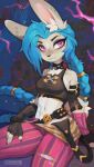 abstract_background alternate_species anthro arcane_(tv_series) blue_hair braided_hair braided_pigtails chest_tuft choker clothing crop_top female fingerless_gloves furrification gloves hair handwear hi_res jewelry jinx_(lol) lagomorph league_of_legends leporid looking_at_viewer mammal navel necklace pink_eyes rabbit riot_games shirt solo straps topwear tuft waspsalad