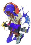  .96_gal_(splatoon) 1boy black_shorts dark-skinned_male dark_skin full_body headphones highres holding holding_weapon ink_on_face male_focus medium_hair octoling octoling_boy octoling_player_character open_mouth purple_hair red_eyes red_headphones salcham shirt shorts solo splatoon_(series) splatoon_3 suction_cups tentacle_hair thick_eyebrows weapon white_background white_shirt 