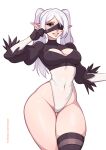 2024 blindfold breasts clothing cosplay elf eyebrows eyelashes female frieren frieren_beyond_journey&#039;s_end glistening glistening_body glistening_skin green_eyes hair hi_res humanoid humanoid_pointy_ears legwear long_hair looking_at_viewer navel_outline nier_automata not_furry solo thick_thighs thigh_gap toksie twintails_(hairstyle) white_hair wide_hips yorha_2b