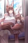  2girls absurdres amagi-chan_(azur_lane) amagi_(azur_lane) animal_ears azur_lane blush brown_hair casual closed_eyes coat day eyeshadow flower fox_ears fox_girl fox_tail fur-trimmed_coat fur-trimmed_hood fur_trim hair_between_eyes hair_flower hair_ornament hairpin half-closed_eyes hand_on_another&#039;s_head headpat highres hood indoors kitsune long_hair makeup mother_and_daughter multiple_girls multiple_tails musical_note open_mouth purple_eyes red_eyeshadow samip sitting slit_pupils smile spoken_musical_note tail tail_cover very_long_hair white_flower winter_clothes winter_coat 