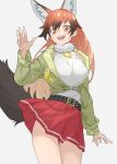  1girl :d animal_ear_fluff animal_ears belt black_hair breasts commentary cowboy_shot extra_ears fox_ears fox_girl fox_tail fur_collar gradient_hair green_jacket grey_background hair_between_eyes highres jacket kemono_friends long_hair long_sleeves looking_at_viewer medium_breasts multicolored_hair open_clothes open_jacket open_mouth orange_eyes orange_hair pleated_skirt red_fox_(kemono_friends) red_skirt shirt simple_background skirt sleeveless sleeveless_shirt smile solo studded_belt tail tanabe_(fueisei) thigh_gap white_shirt 