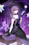  1girl bare_arms bare_shoulders black_dress black_gloves breasts cellphone cleavage collarbone commentary_request cone_hair_bun dress feet_out_of_frame flower genshin_impact gloves hair_bun highres holding holding_phone keqing_(genshin_impact) long_hair looking_at_viewer mumu123 pantyhose phone purple_eyes purple_flower purple_hair purple_rose rose sidelocks smartphone smile solo standing strapless strapless_dress twintails very_long_hair 