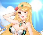  1girl :d bangs bare_arms bare_shoulders blonde_hair blush bracelet breasts cawang chest_jewel cleavage day gem highres hikari_(xenoblade_2) jewelry large_breasts long_hair looking_at_viewer one_eye_closed open_mouth outdoors sky smile solo sun swept_bangs tiara upper_body xenoblade_(series) xenoblade_2 yellow_eyes 