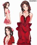  aerith_gainsborough bikini bikini_skirt braid braided_ponytail breasts brown_hair cesar_art456 cleavage dress final_fantasy final_fantasy_vii final_fantasy_vii_rebirth final_fantasy_vii_remake flower frilled_dress frills green_eyes hair_flower hair_ornament highres jewelry looking_at_viewer multiple_persona necklace official_alternate_costume pink_bikini pink_dress red_dress simple_background smile star_(symbol) star_necklace strapless strapless_dress swimsuit upper_body 
