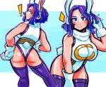  ! 1girl animal_ears ass between_legs boku_no_hero_academia border breasts cosplay crescent fake_animal_ears fake_tail fur_collar gloves halftone halftone_background hand_between_legs hand_in_own_hair hand_on_own_hip highleg highleg_leotard highres lady_nagant large_breasts leaning_forward leotard looking_back mirko mirko_(cosplay) multiple_views open_mouth parted_bangs purple_eyes purple_hair purple_thighhighs rabbit_ears rabbit_tail sleeveless sonchapo superhero_costume tail thighhighs white_border white_gloves 