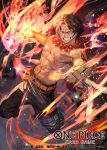  1boy abs arm_tattoo bead_necklace beads black_hair clenched_hand clenched_teeth commentary_request english_text fire highres jewelry lack looking_at_viewer male_focus necklace official_art one_piece portgas_d._ace short_hair smile solo tattoo teeth topless_male translation_request 