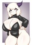 anthro big_breasts bovid breasts camel_toe caprine choker clothing eyelashes female fluffy fluffy_ears fluffy_hair hair hand_on_hip hi_res horn jacket jewelry latex latex_clothing leotard looking_at_viewer mammal necklace pink_eyes romina_(panthera_cantus) sheep solo tailzkim thick_thighs tight_clothing topwear
