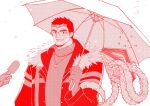  1boy bara book glasses grimoire highres holding holding_microphone holding_umbrella interview male_focus medium_sideburns microphone motoori_shiro muscular muscular_male rimless_eyewear short_hair sideburns smile snowing solo_focus tentacles thick_eyebrows tokyo_afterschool_summoners tyou umbrella upper_body winter_clothes 