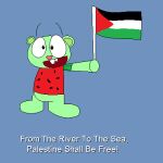 anthro bear cartoonplazaofficial chipped_tooth clothing flippy_(htf) happy_tree_friends low_res male mammal palestine palestinian_flag riograndeimagery shirt solo t-shirt topwear watermelon_print