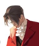  1boy ace_attorney artist_name ascot brown_hair closed_eyes closed_mouth curtained_hair guzaeolos head_down jacket lapels male_focus miles_edgeworth red_jacket short_hair simple_background twitter_username upper_body white_ascot white_background 