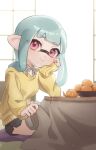  1girl black_shorts blue_hair blush collared_shirt food fruit head_on_hand highres inkling inkling_girl inkling_player_character kotatsu long_hair looking_at_viewer mandarin_orange oekaki_azu pink_eyes shirt shorts sitting smile solo splatoon_(series) sweater table tentacle_hair under_kotatsu under_table white_shirt yellow_sweater 