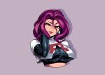  1girl blue_eyes breasts clothes_writing crop_top dih_pixels earrings gloves hand_in_own_hair jessie_(pokemon) jewelry large_breasts lipstick long_hair looking_at_viewer makeup pixel_art pokemon pokemon_(anime) purple_hair single_letter team_rocket team_rocket_uniform 