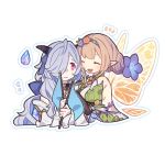  2girls butterfly_wings eitr_(fire_emblem) fairy fairy_wings fire_emblem fire_emblem_heroes gradient_clothes haconeri hair_over_one_eye hair_vines horns insect_wings leaf_bracelet multiple_girls peony_(fire_emblem) plant_hair wavy_hair wings 