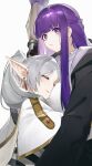  2girls :3 :t absurdres black_cloak blunt_bangs capelet cloak commentary_request earrings fern_(sousou_no_frieren) frieren grey_hair head_tilt highres hug jewelry looking_at_viewer multiple_girls pointy_ears purple_eyes purple_hair simple_background sousou_no_frieren staff thick_eyebrows white_background white_capelet yushe_quetzalli 