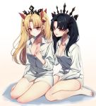  2girls :d absurdres bare_legs between_legs black_hair black_ribbon blonde_hair blush breasts chirang cleavage crown earrings ereshkigal_(fate/grand_order) fate/grand_order fate_(series) full_body hair_ribbon hand_between_legs hand_on_another&#039;s_shoulder hand_on_own_chest highres hoop_earrings huge_filesize infinity ishtar_(fate)_(all) ishtar_(fate/grand_order) jewelry legs long_hair medium_breasts multiple_girls naked_shirt no_bra open_mouth red_eyes red_ribbon ribbon seiza shirt simple_background sitting small_breasts smile smug thighs two_side_up 