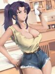  1girl belt blue_shorts blurry blurry_background breasts brown_belt brown_eyes casual cleavage cup cutoffs denim denim_shorts glass holding holding_cup katsuragi_misato kitchen large_breasts long_hair milk miss_faves neon_genesis_evangelion no_bra official_alternate_costume ponytail purple_hair short_shorts shorts solo tank_top yellow_tank_top 