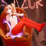  absurdres animal_ears arm_support armchair azur_lane bare_shoulders blonde_hair bow bowtie chair chinese_commentary cleveland_(azur_lane) cleveland_(knight_of_the_pop-up_shop)_(azur_lane) commentary_request covered_navel detached_collar fake_animal_ears feet flat_chest grin head_tilt highres jacket mihua_mh nail_polish narrowed_eyes neon_lights neon_sign no_shoes on_chair one_side_up open_clothes open_jacket pantyhose pink_nails playboy_bunny rabbit_ears red_eyes red_pantyhose see-through see-through_shirt shirt sitting smile soles thigh_strap thighs toes traditional_bowtie untying v-shaped_eyebrows white_shirt 